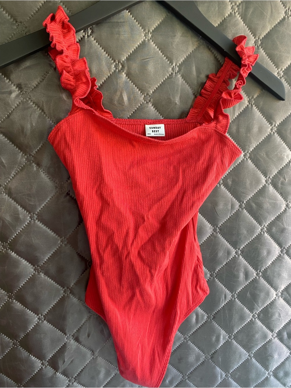 Sunday Best Red Ruffled-Strap Ribbed One-Piece Bodysuit